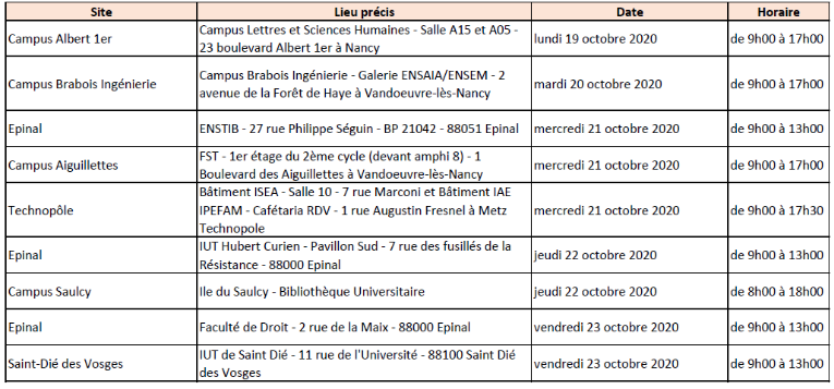 Le calendrier de la campagne de dépistage (Université de Lorraine)